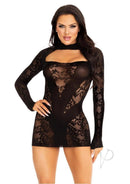 Leg Avenue Lace Keyhole Mini Dress with Gloved Sleeves Black, featuring sheer black lace and a keyhole cutout.