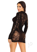 Leg Avenue Lace Keyhole Mini Dress with Gloved Sleeves Black showcased from the back, highlighting its flirty lace design.