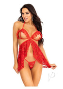 Leg Avenue Lace Flyaway Babydoll and G-String Set Small Red model wearing red lace lingerie with ruffle details.