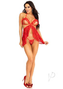 Leg Avenue Lace Flyaway Babydoll and G-String Set Small Red worn by model, showcasing ruffle peek-a-boo cups and sheer design.