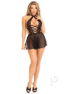 Leg Avenue Plunging Lace Halter Babydoll Set Large Black featuring a lace bodice and sheer skirt.