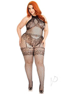 Leg Avenue Industrial Net Halter Bodystocking 1X/2X Black on a curvy model showcasing its edgy design and flattering fit.