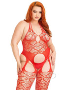 Leg Avenue Heart Net Suspender Bodystocking 1X/2X Red featuring a heart-patterned net design and seamless construction.