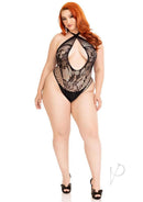 Leg Avenue Lace and Net Keyhole Halter Teddy 1X/2X Black featuring lace, sheer net, and a crossover halter neckline.