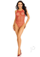 Leg Avenue Industrial Net Snap Crotch Tank Bodysuit Red showcasing bold fishnet style in a striking red color.