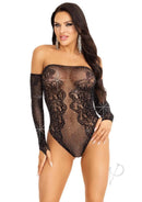 Leg Avenue Rhinestone Net and Lace Off the Shoulder Teddy model showcasing sheer net and rhinestone details.