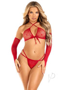 Leg Avenue Heart Net Crop Top G-String and Gloves Set Red featuring a model in a bold red ensemble with gauntlet gloves.