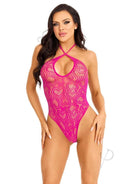Leg Avenue Seamless Heart Net Keyhole Halter Teddy Magenta showcased on a model with a playful design.