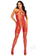 Leg Avenue Heart Net Halter Bodystocking OS Red worn by a model featuring heart-patterned net design and faux lace-up detail.