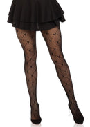 Leg Avenue Love Struck Heart Net Tights One Size Black modeled with a flirty skirt for a playful look.