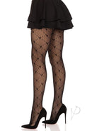 Leg Avenue Love Struck Heart Net Tights One Size Black showcasing heart-patterned design with a flirty look.