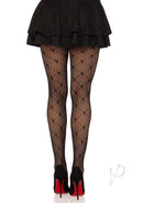 Leg Avenue Love Struck Heart Net Tights One Size Black worn with a black skirt and heels showcasing heart motif.