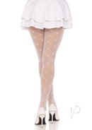Leg Avenue Love Struck Heart Net Tights One Size White featuring sheer heart-patterned design worn with a white skirt.