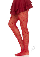 Leg Avenue Love Struck Heart Net Tights One Size Red showcasing heart-patterned fishnet design in bold red.