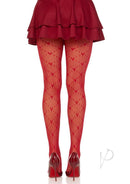 Leg Avenue Love Struck Heart Net Tights One Size Red worn with a layered skirt and high heels, showcasing heart patterns.