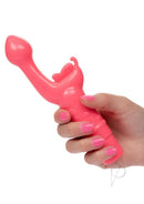 Rechargeable Butterfly Kiss G-Spot Rabbit Vibrator Pink held in a hand, showcasing its vibrant design and dual stimulation features.