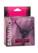 Radiance Crotchless Thong One Size Black packaging with sparkling details and bold design.