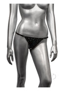 Radiance Crotchless Thong One Size Black on a mannequin, showcasing a daring and playful lingerie design.