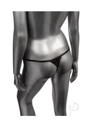 Radiance Crotchless Thong One Size Black displayed on a gray mannequin from the back, showcasing its daring design.