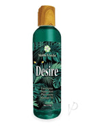 Desire Pheromone Massage Oil 4oz Eucalyptus/Peppermint bottle on a tropical leaf background.