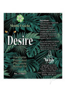 Desire Pheromone Massage Oil 4oz Eucalyptus/Peppermint product packaging featuring tropical leaves and ingredients.