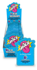 SMACK Lickable Massage Oil Blue Raspberry 3 ml 36 Pc Display with vibrant packaging on countertop display.