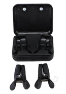 Merci Vibro Grippers vibrating nipple clamps in a black carrying case, designed for intense pleasure.