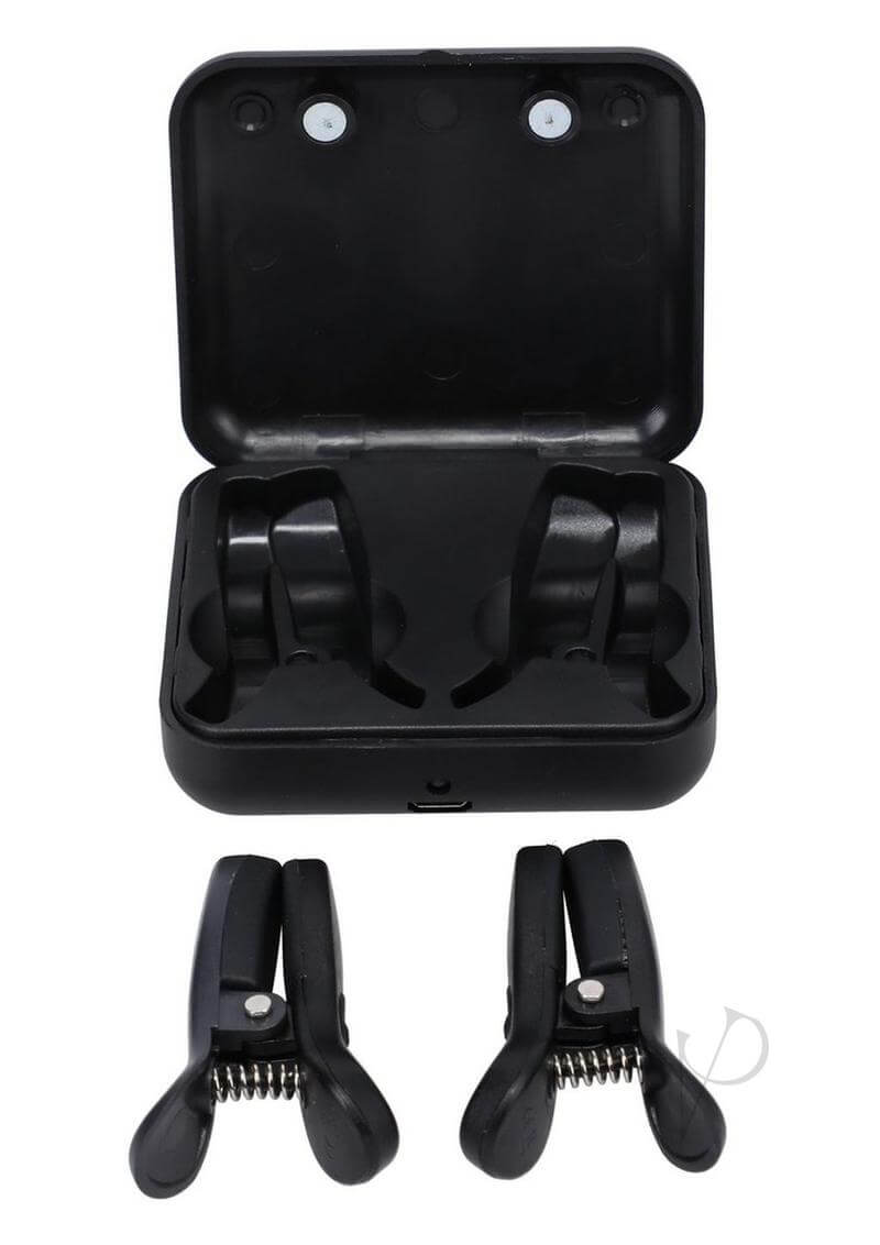 Merci Vibro Grippers vibrating nipple clamps in a black carrying case, designed for intense pleasure.