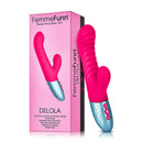 FemmeFunn Delola Dual Stimulation G-Spot Vibrator Pink packaging and product display on a white background.