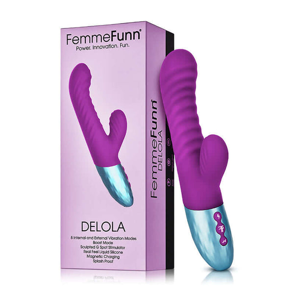 FemmeFunn Delola Dual Stimulation G Spot Vibrator Purple in packaging with detailed features.