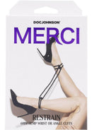 Merci Restrain 6mm Hemp Wrist or Ankle Cuffs Black packaging with high heels, showcasing versatile restraint option.