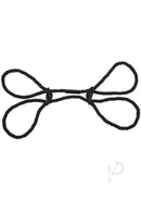 Image of Merci Restrain 6mm Hemp Wrist or Ankle Cuffs Black made of durable hemp rope in a bow shape.