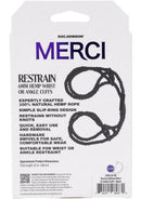 Merci Restrain 6mm Hemp Wrist or Ankle Cuffs Black packaging with detailed features and dimensions.