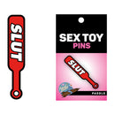 Wood Rocket Sex Toy Pin Paddle Slut Enamel Lapel Pin in red and black, playful accessory themed around BDSM culture.