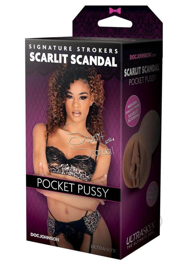 Signature Strokers Scarlit Scandal Pocket Pussy Ultraskyn packaging displaying the product and design details.