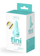 VeDO Fini Rechargeable Silicone Finger Vibrator Turquoise packaging featuring 10 vibration modes.