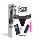 Love To Love Secret Panty Vibrating Panty Set Black package featuring lace g-string and remote, ideal for playful intimacy.