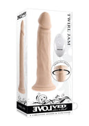 Twirl Jam Silicone Remote Control Vibrating Dildo Vanilla packaging with remote and twirling feature illustration.