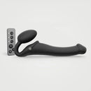 Strap-on-me Remote Vibrating Bendable Strap-on Black Medium with remote control for versatile pleasure.
