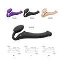 Strap-on-me Remote Vibrating Bendable Strap-on Black Medium options in purple, black, and vanilla with size measurements.