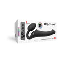 Strap-on-me Remote Vibrating Bendable Strap-on Black Medium packaging showcasing its features and design.