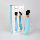Viotec Manto Touch Panel G-Spot Vibrator Blue packaging and product display on a clear stand.