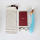 Viotec Manto Touch Panel G-Spot Vibrator Blue accessories including pouch, manual, and charging cable.