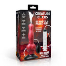 Creature Cocks Hell Hound Squirting Silicone Dildo packaging with syringe and bulb.