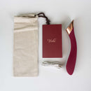 Viotec Manto Touch Panel G-Spot Vibrator Wine Red, charger, storage bag, and user manual.