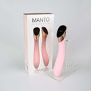 Viotec Manto Touch Panel G-Spot Vibrator Pink with packaging displayed on a clear stand.