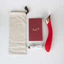 Viotec Manto Touch Panel G-Spot Vibrator Red with pouch, charger, and instruction card.
