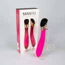 Viotec Manto Touch Panel G-Spot Vibrator Fuchsia with packaging displayed on a clear stand
