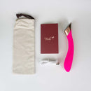 Viotec Manto Touch Panel G-Spot Vibrator Fuchsia with charging cable, instruction booklet, and storage pouch.