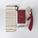 Viotec Metis Touch Panel Rabbit Vibrator Wine Red with storage pouch and user manual on a white background.